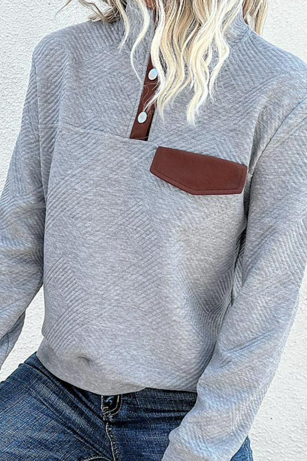 Contrast Ribbed Quarter-Snap Sweatshirt  Shirts & Tops- Doll Fits