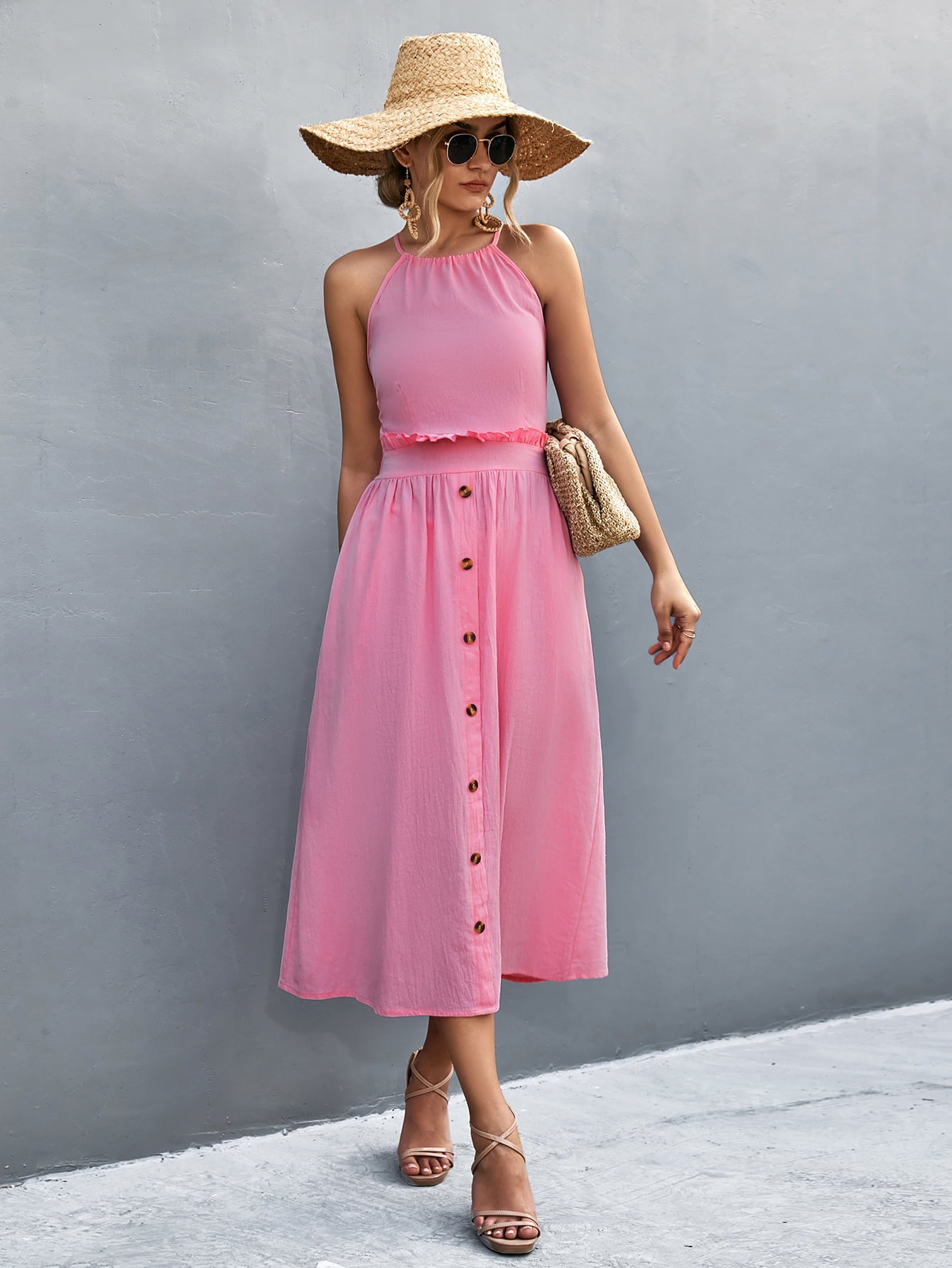 Buttoned Halter Neck Frill Trim Midi Dress  Dresses- Doll Fits