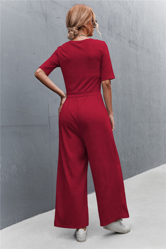 Scoop Neck Half Sleeve Wide Leg Jumpsuit  Jumpsuits & Rompers- Doll Fits