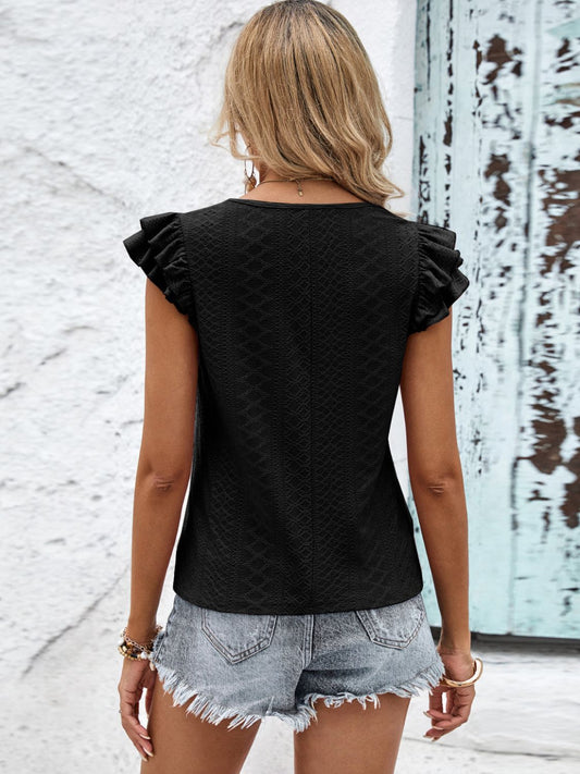 Contrast V-Neck Eyelet Top  Shirts & Tops- Doll Fits