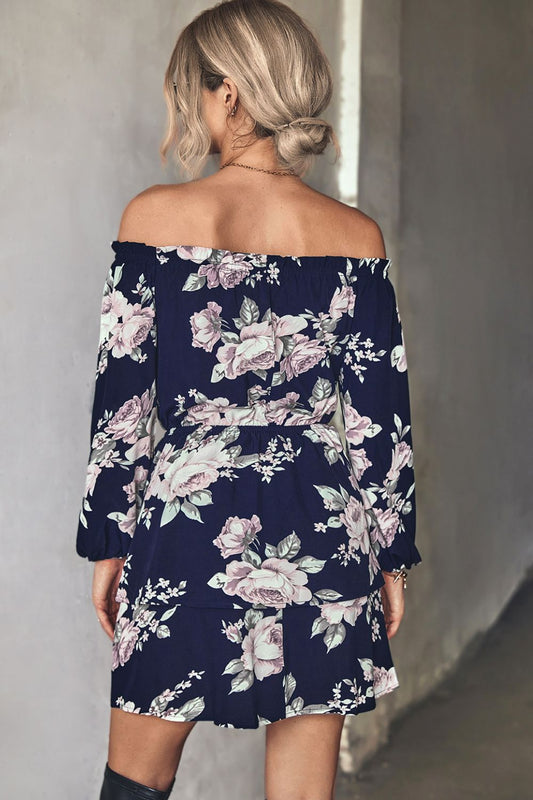 Floral Off-Shoulder Layered Mini Dress  Dresses- Doll Fits