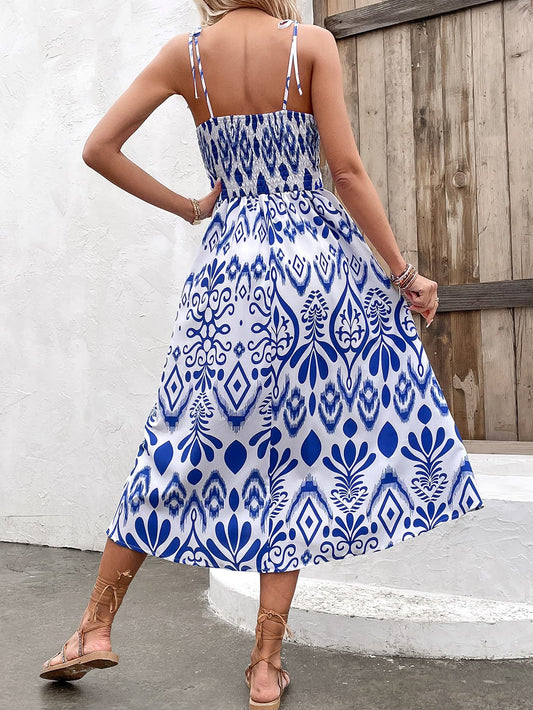 Printed Tie Shoulder Sweetheart Neck Dress  Dresses- Doll Fits