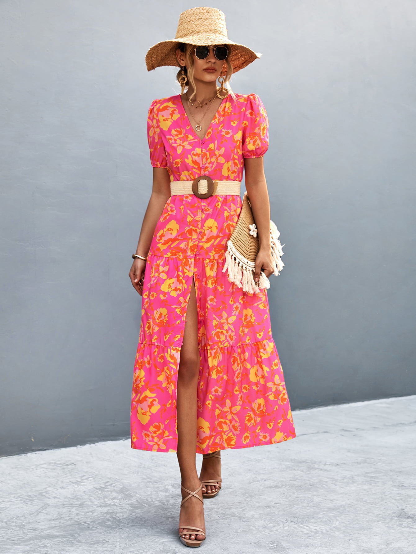 V-Neck Short Sleeve High Slit Midi Dress  Dresses- Doll Fits