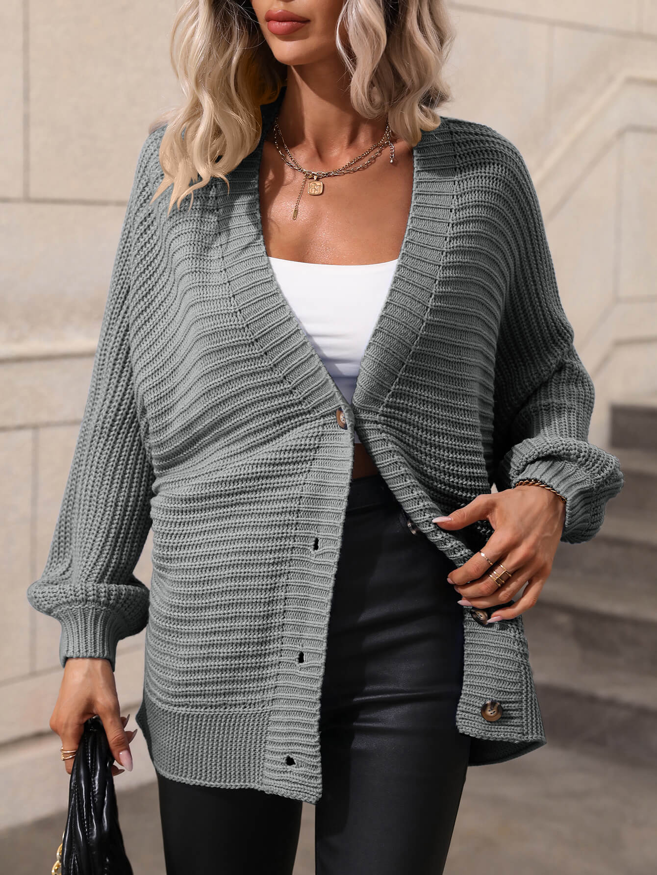 Button Down Horizontal-Ribbing Longline Cardigan  Coats & Jackets- Doll Fits