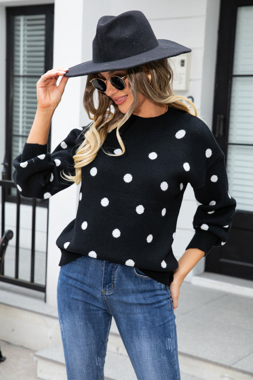 Woven Right Polka Dot Round Neck Dropped Shoulder Sweater  - Doll Fits