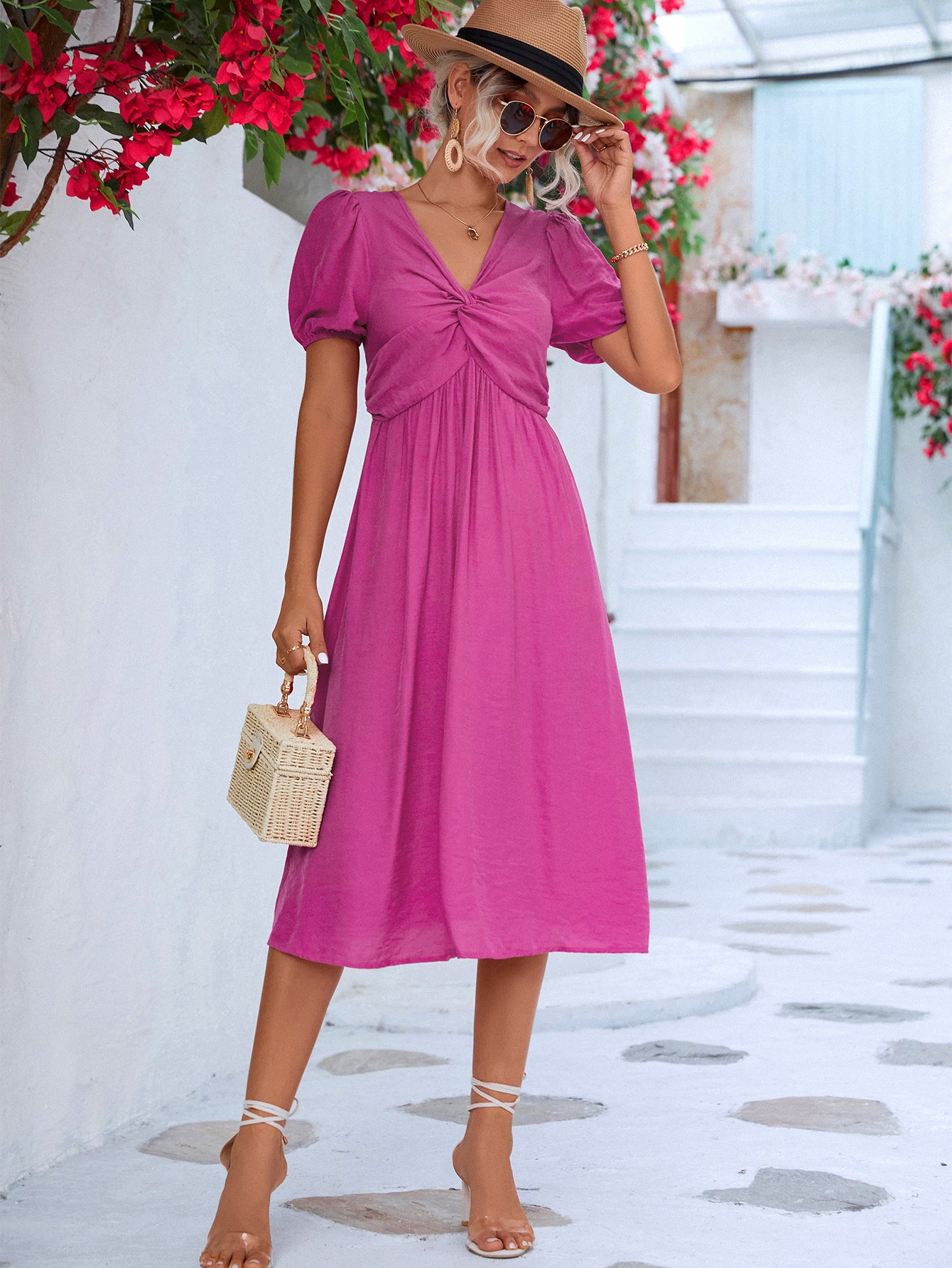 Twisted Short Puff Sleeve V-Neck Dress  Dresses- Doll Fits