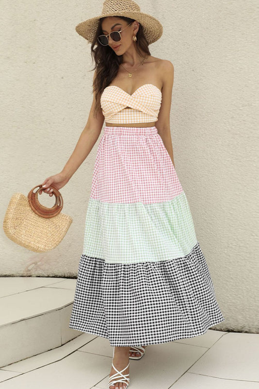 Plaid Strapless Top and Tiered Skirt Set  Outfit Sets- Doll Fits