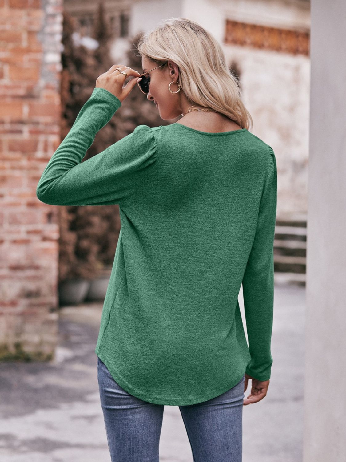 Pleated Detail Curved Hem Long Sleeve Top  Shirts & Tops- Doll Fits
