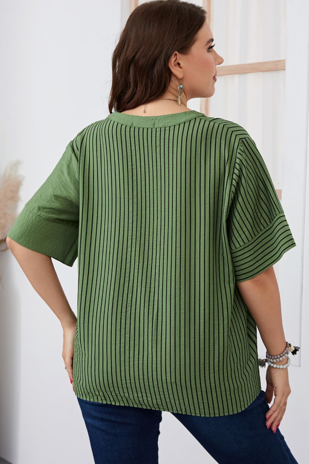 Plus Size Striped Notched Neck Half Sleeve Top  Shirts & Tops- Doll Fits