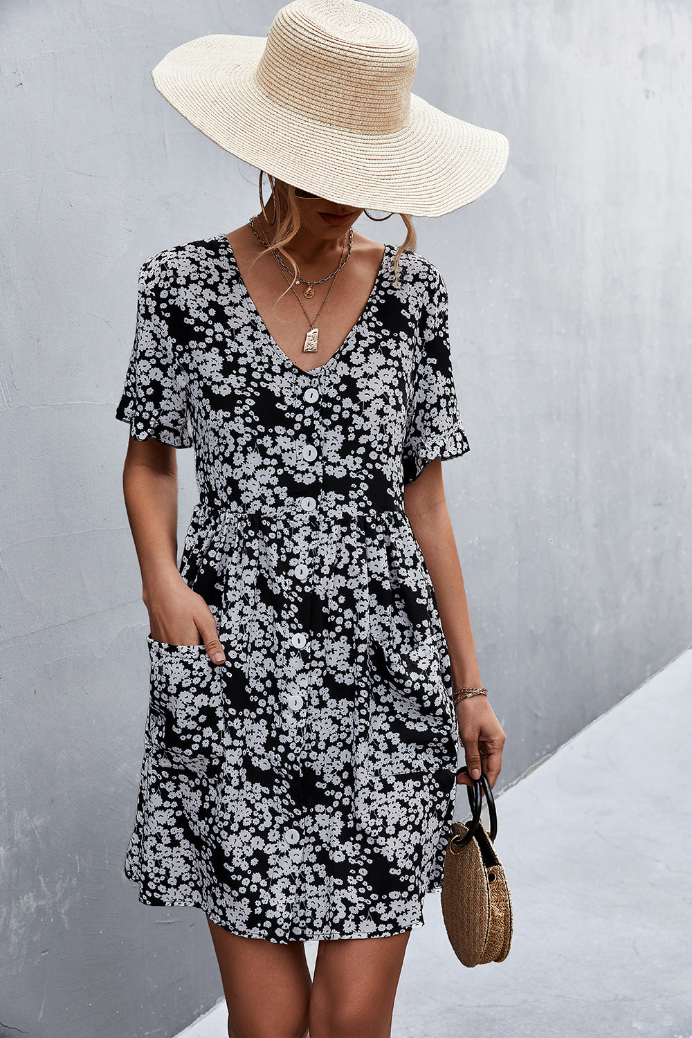 Printed Button down Pocketed Dress  Dresses- Doll Fits