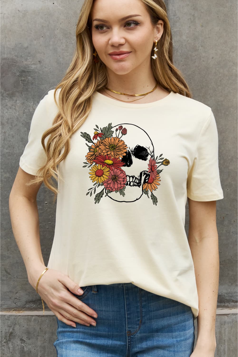 Simply Love Full Size Flower Skull Graphic Cotton Tee  Shirts & Tops- Doll Fits