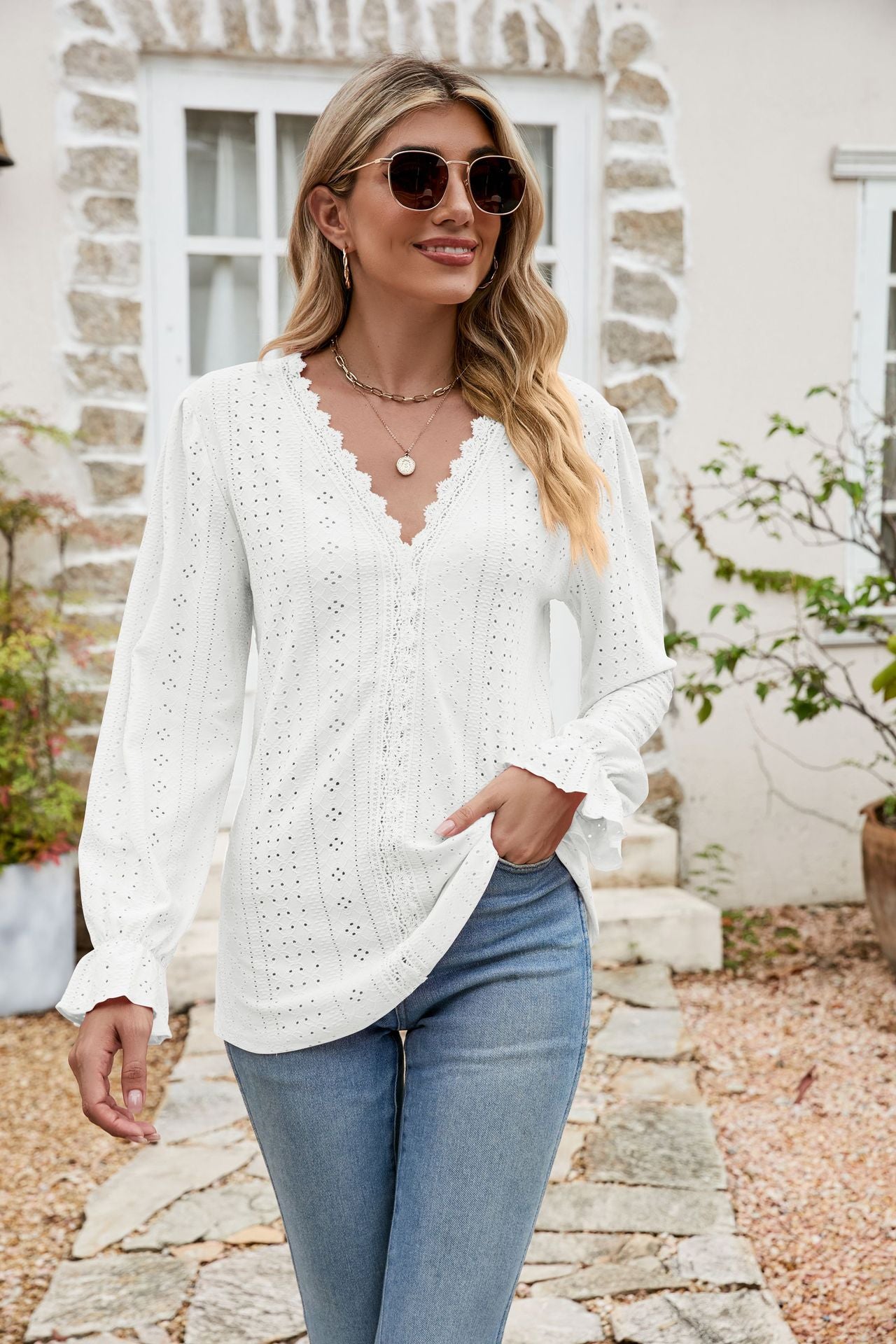 Eyelet Lace Trim Flounce Sleeve Blouse  Shirts & Tops- Doll Fits