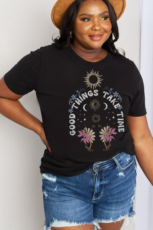 Simply Love Full Size GOOD THINGS TAKE TIME Graphic Cotton Tee  Shirts & Tops- Doll Fits