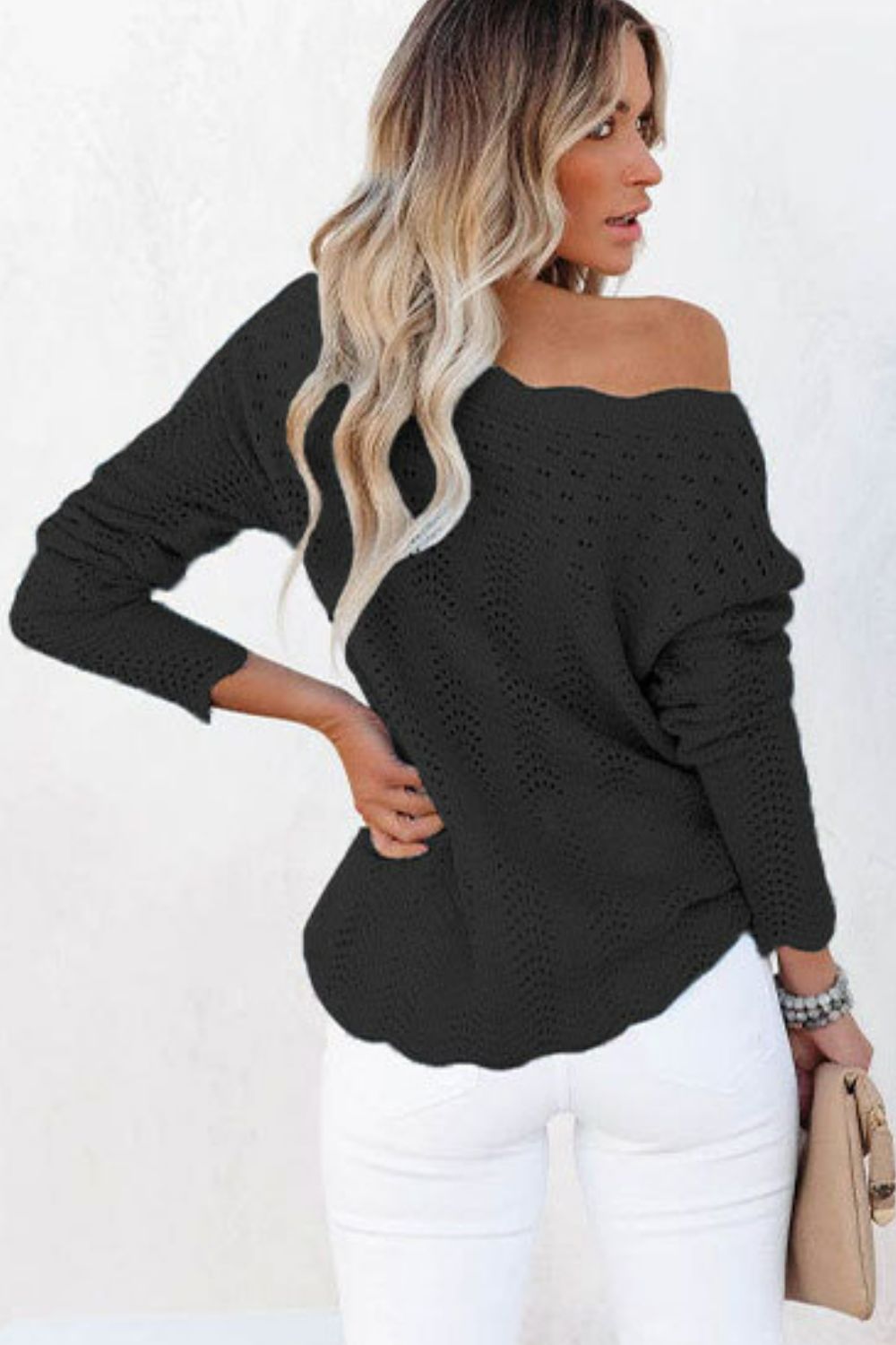 Scalloped Boat Neck Openwork Tunic Sweater  Shirts & Tops- Doll Fits