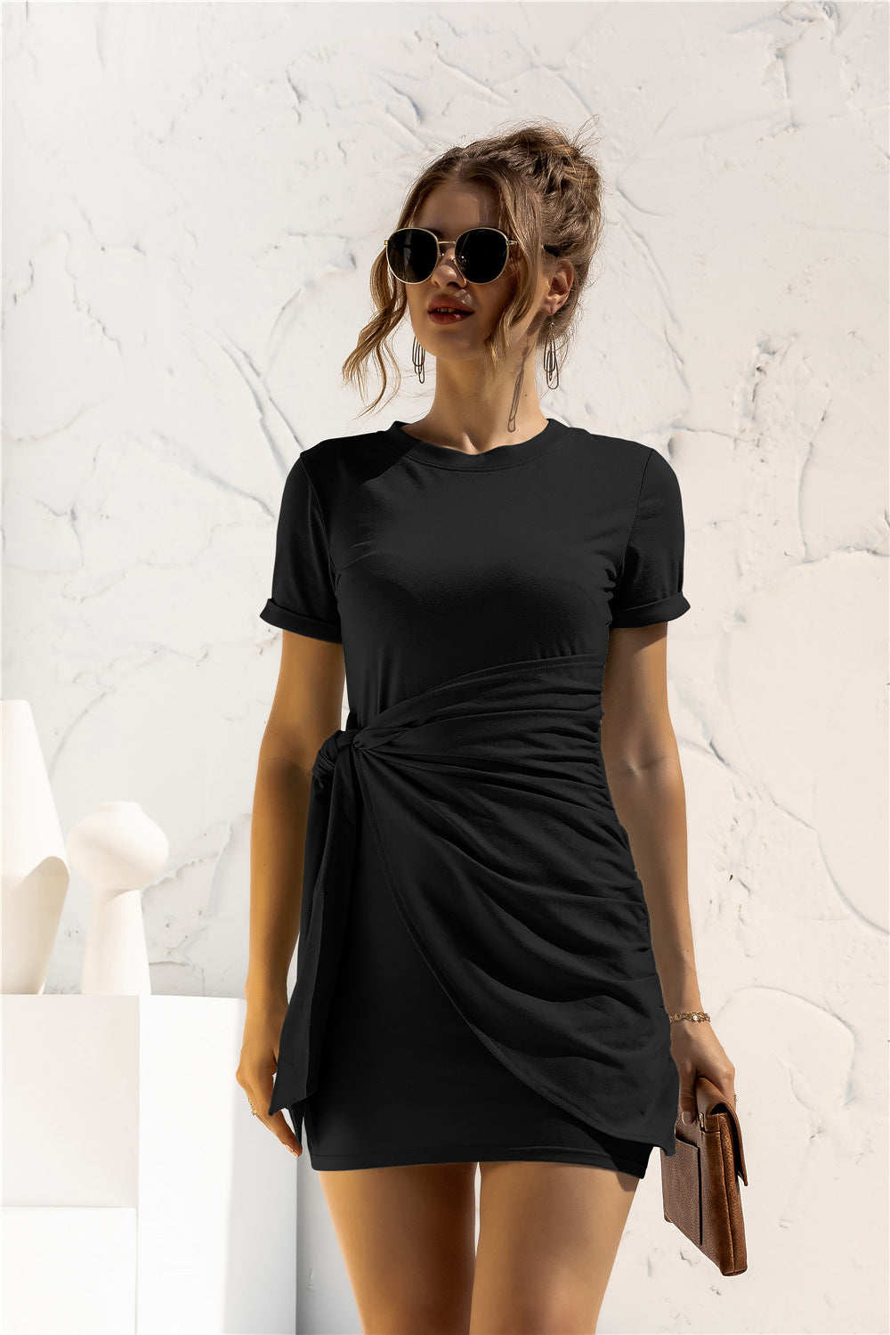 Round Neck Cuffed Sleeve Side Tie Dress  Dresses- Doll Fits