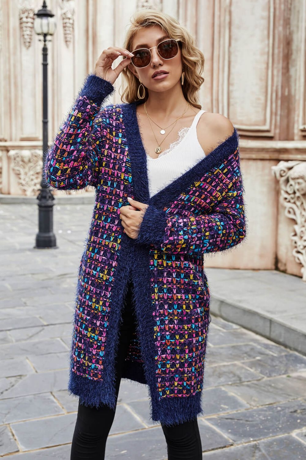 Multicolored Ribbed Trim Open Front Cardigan with Pockets  Coats & Jackets- Doll Fits