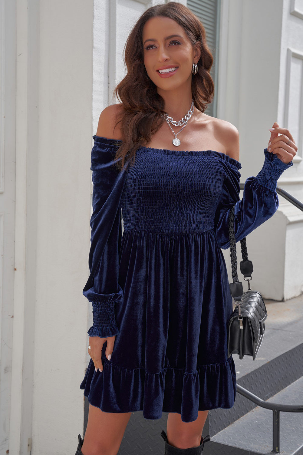 Off-Shoulder Smocked Ruffle Hem Dress  Dresses- Doll Fits