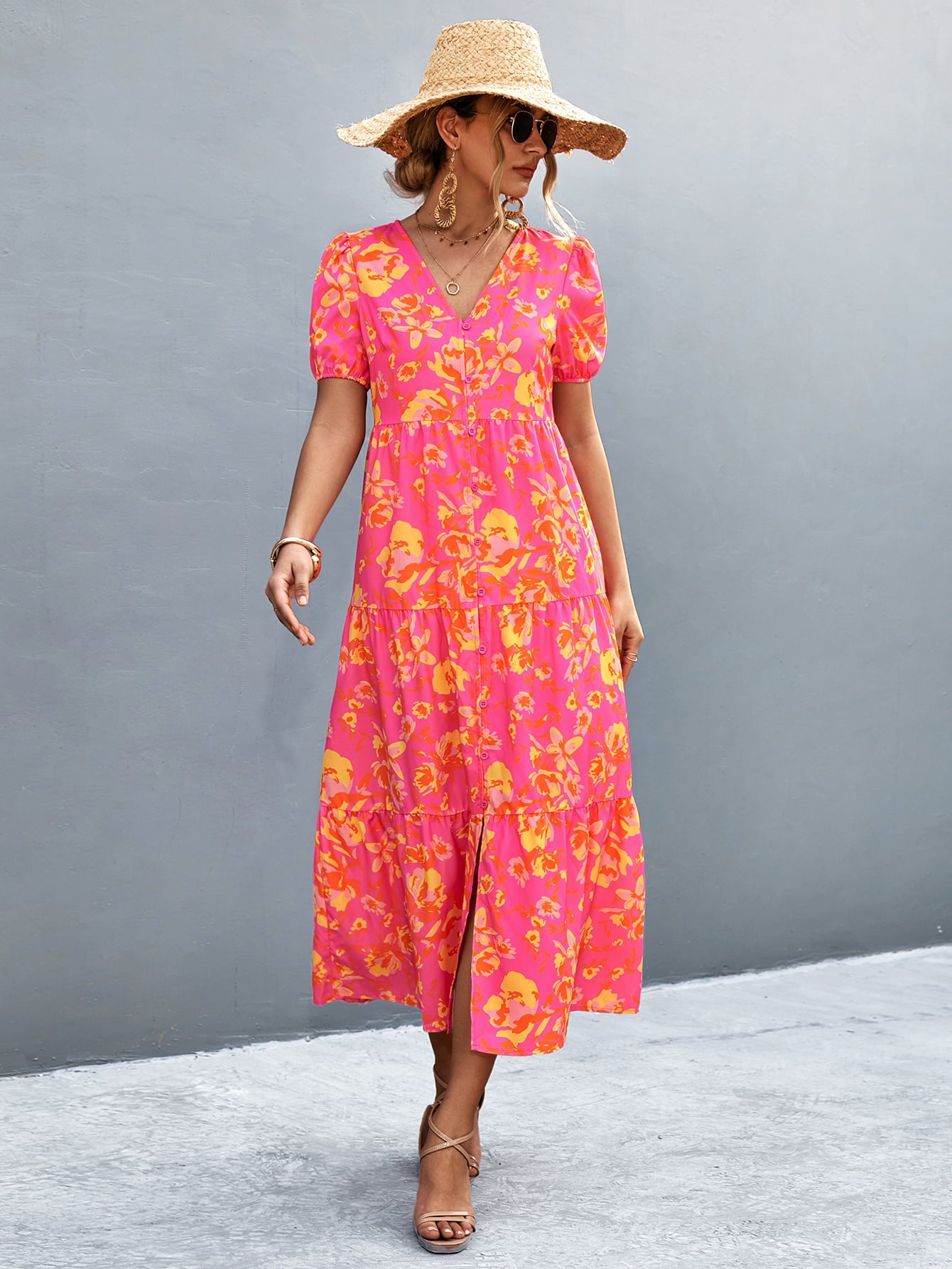 V-Neck Short Sleeve High Slit Midi Dress  Dresses- Doll Fits