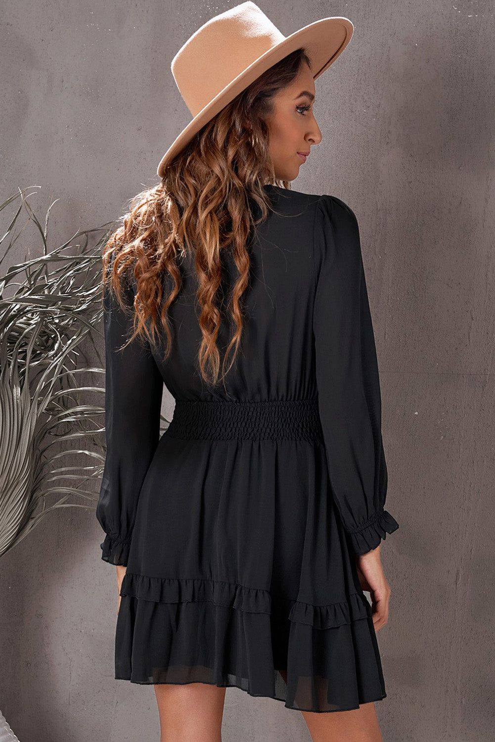 Tied Plunge Smocked Waist Flounce Sleeve Dress  Dresses- Doll Fits