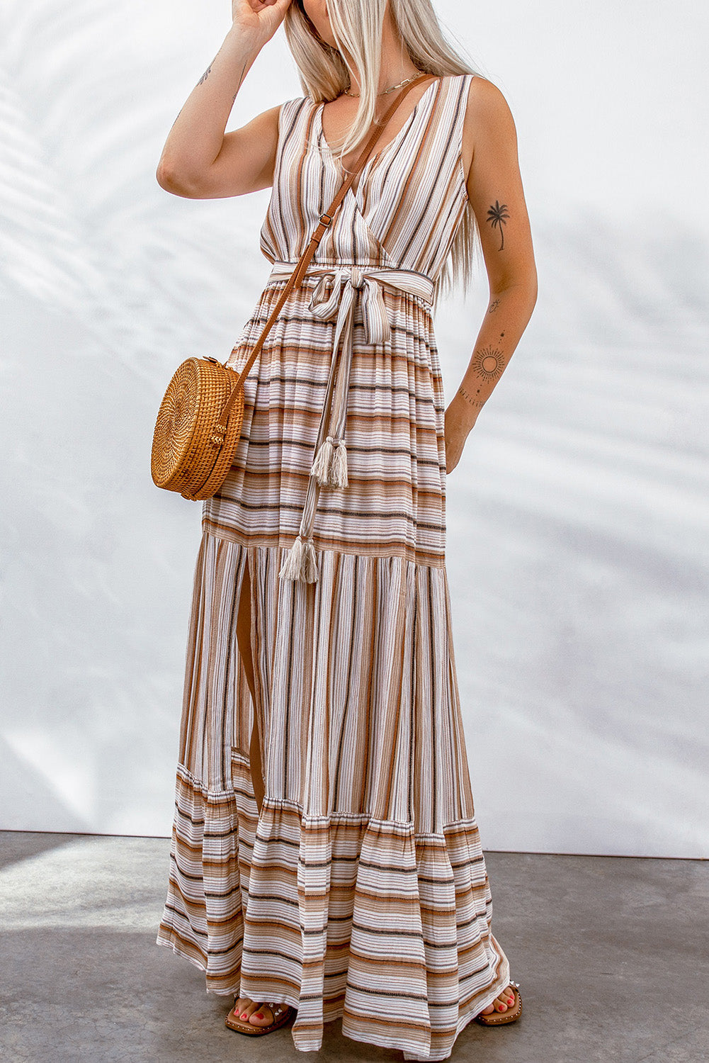 Striped Tie Waist Slit Sleeveless Dress  Dresses- Doll Fits