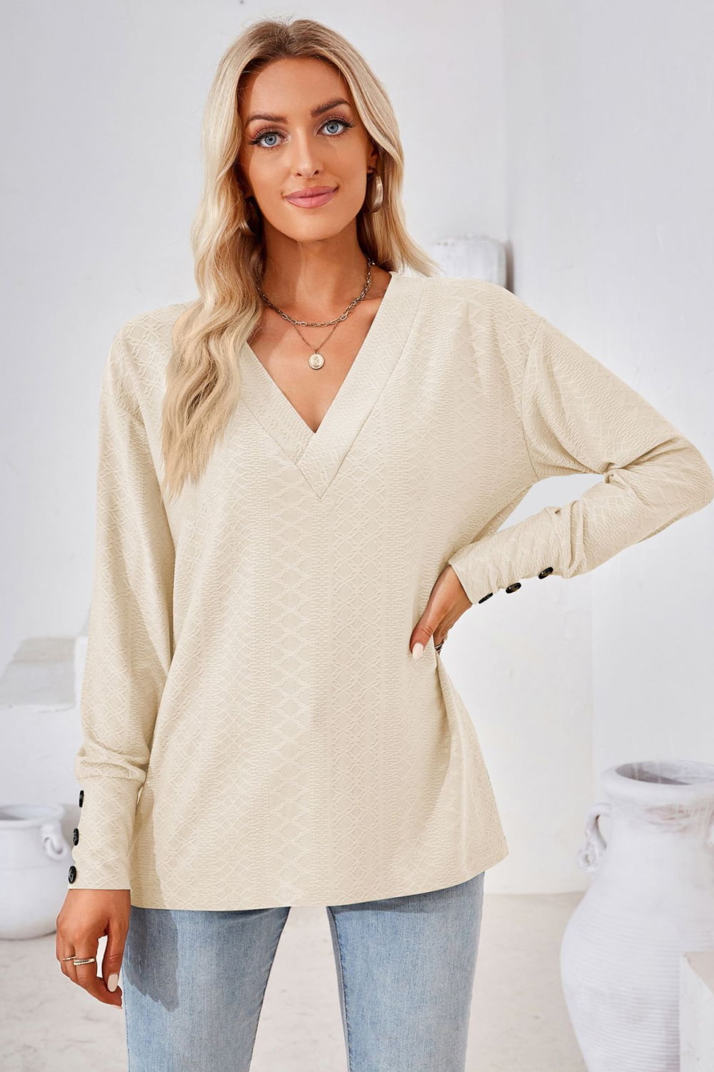 V-Neck Long Sleeve Blouse  - Doll Fits