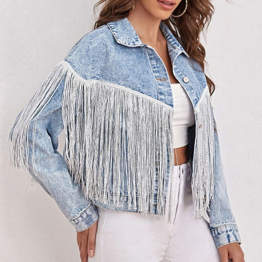 Fringe Detail Collared Neck Long Sleeve Denim Jacket  - Doll Fits