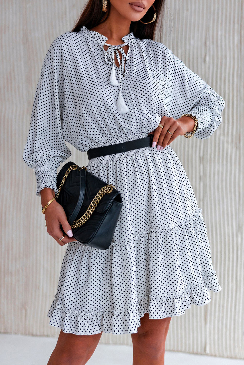 Polka Dot Tassel Tie Ruffle Hem Dress  Dresses- Doll Fits