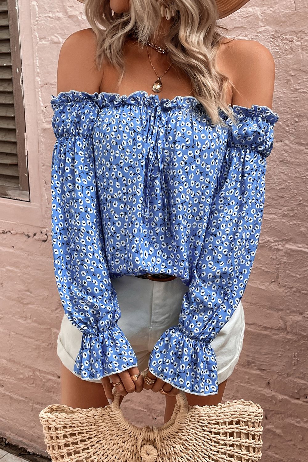 Off Shoulder Printed Frill Trim Blouse  - Doll Fits
