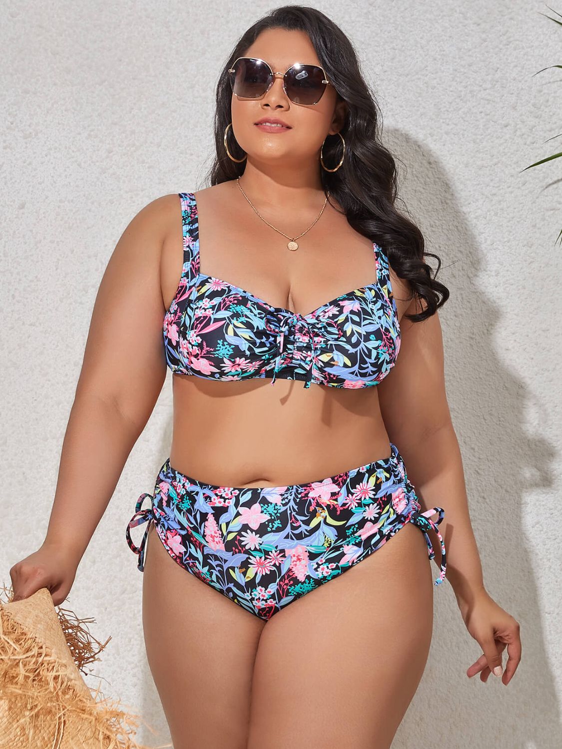Plus Size Printed Drawstring Detail Bikini Set  Swimwear- Doll Fits