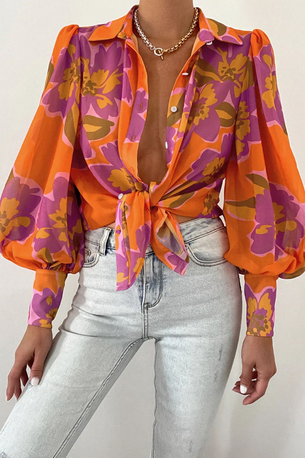 Double Take Flower Print Collared Neck Lantern Sleeve Shirt  - Doll Fits