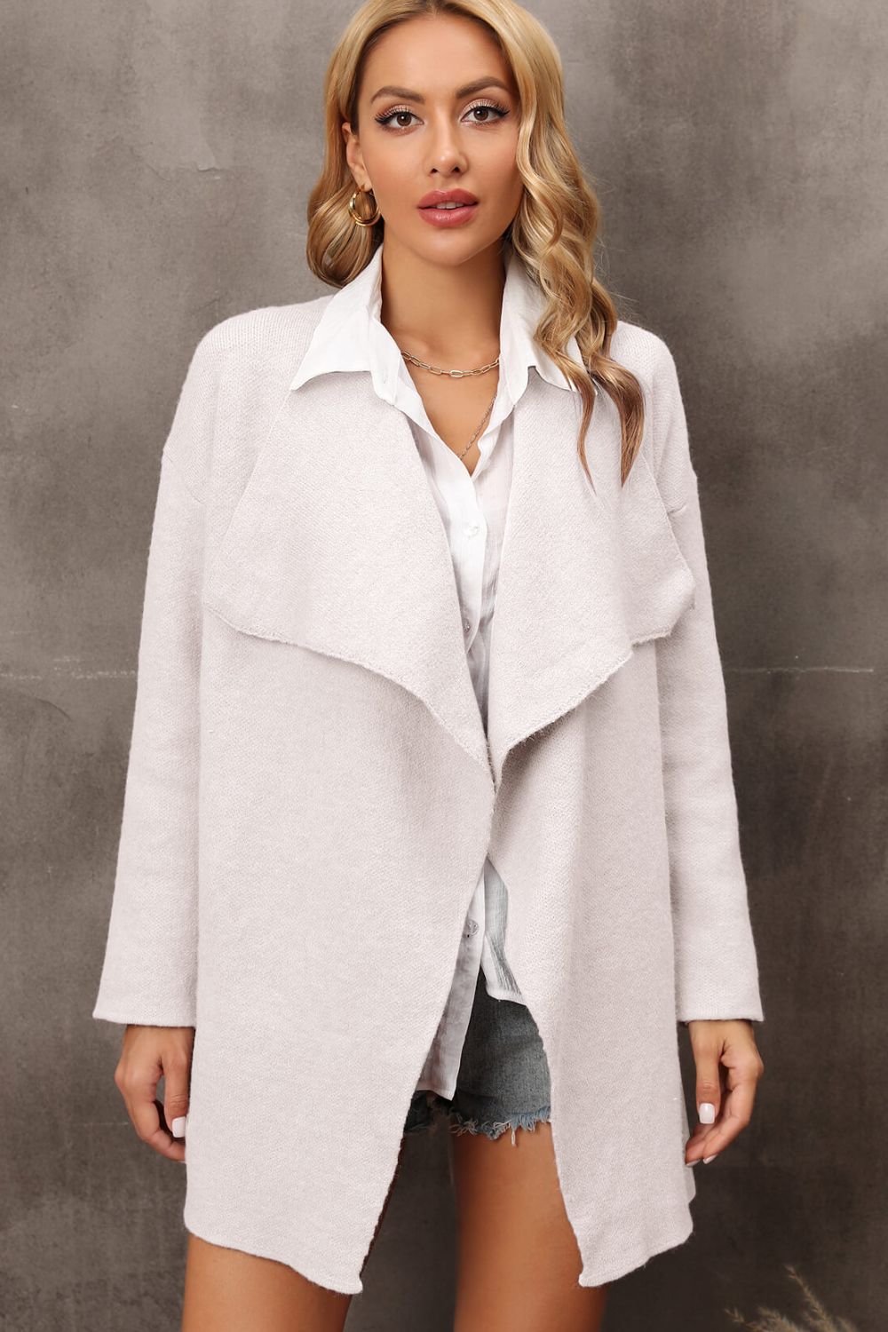 Waterfall Collar Longline Cardigan with Side Pockets  Coats & Jackets- Doll Fits