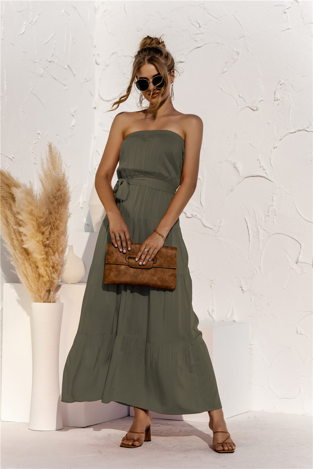 Strapless Tie Waist Tiered Maxi Dress  Dresses- Doll Fits