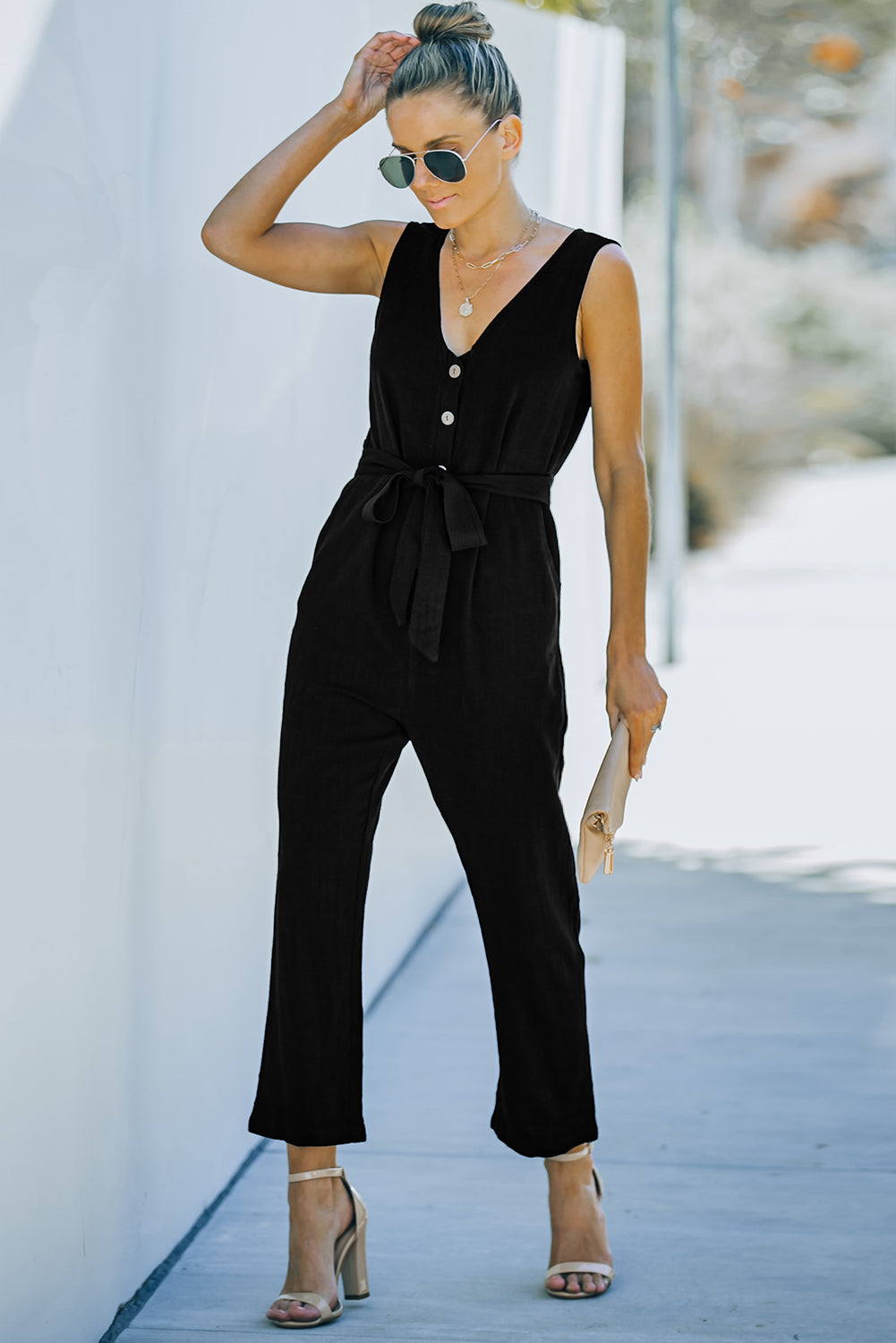 V-Neck Tie Waist Sleeveless Jumpsuit  Jumpsuits & Rompers- Doll Fits