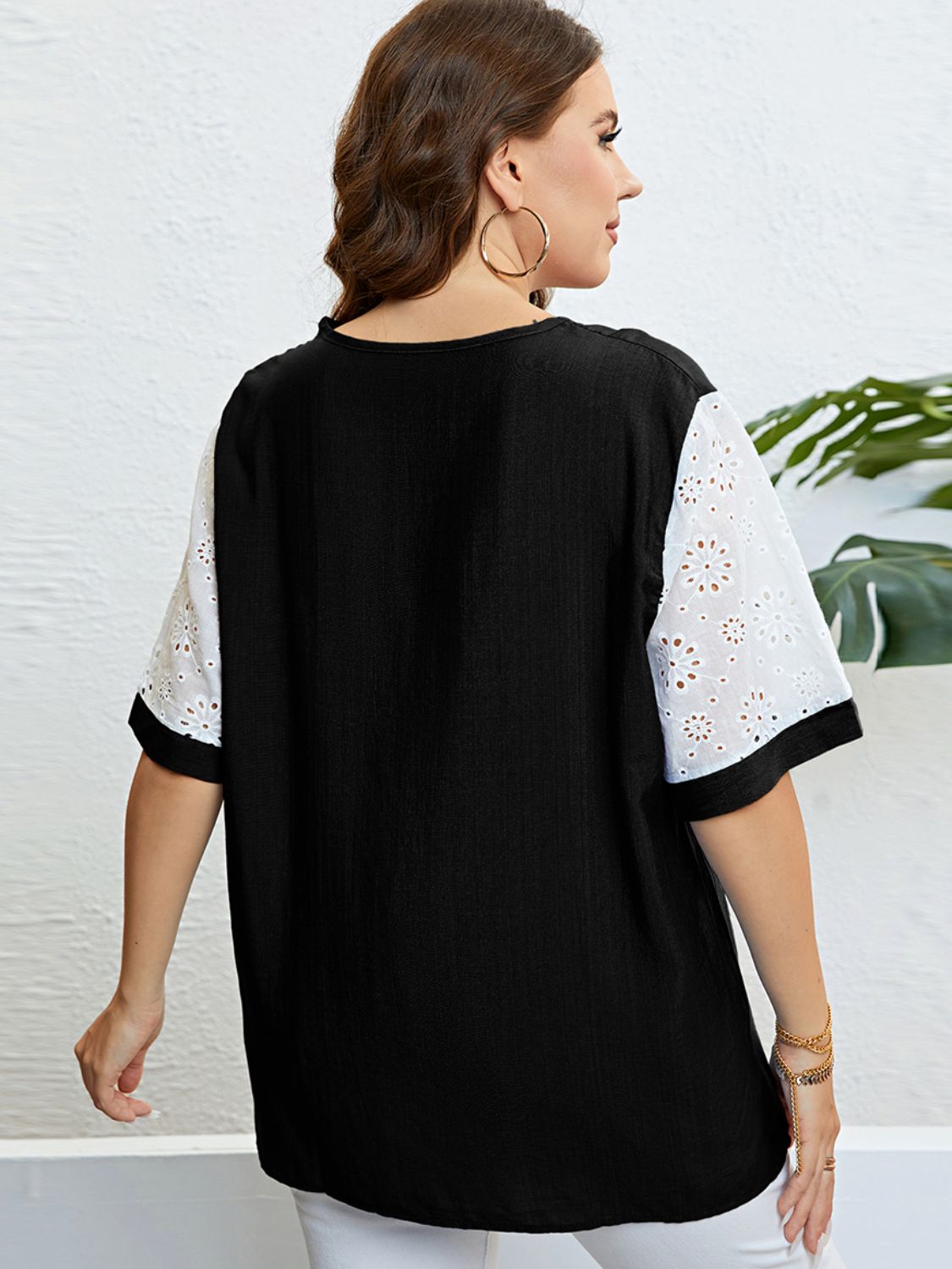 Plus Size Contrast Decorative Button Half Sleeve Top  Shirts & Tops- Doll Fits
