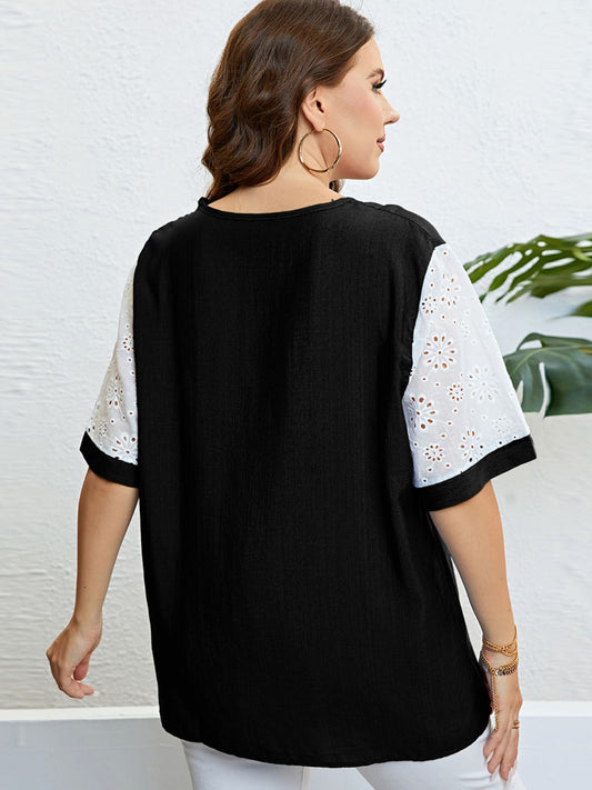 Plus Size Contrast Decorative Button Half Sleeve Top  Shirts & Tops- Doll Fits