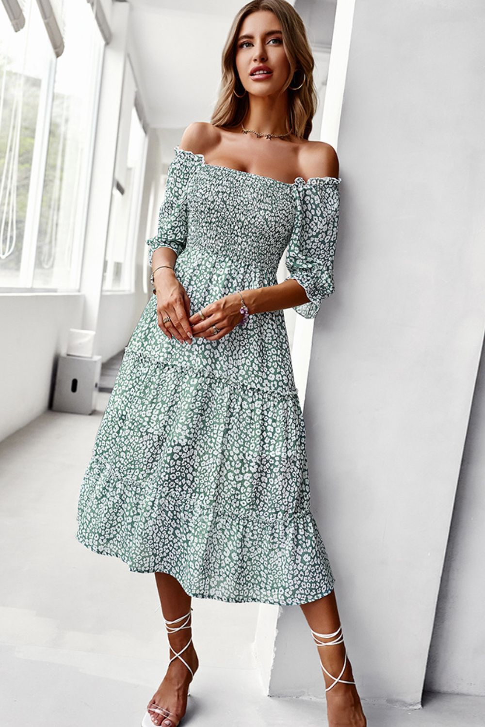 Ditsy Floral Off-Shoulder Smocked Midi Dress  Dresses- Doll Fits