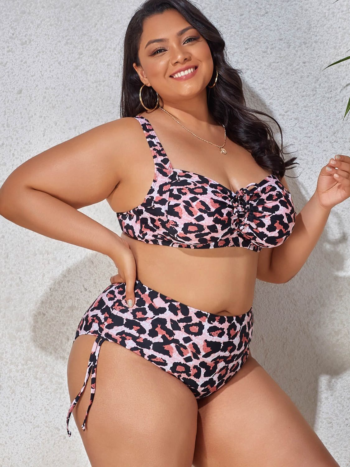 Plus Size Printed Drawstring Detail Bikini Set  Swimwear- Doll Fits