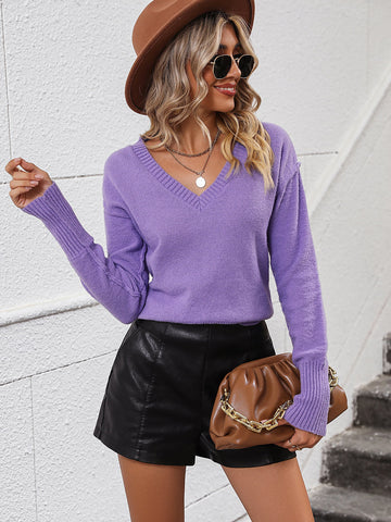 V-Neck Dropped Shoulder Long Sleeve Knit Top  - Doll Fits
