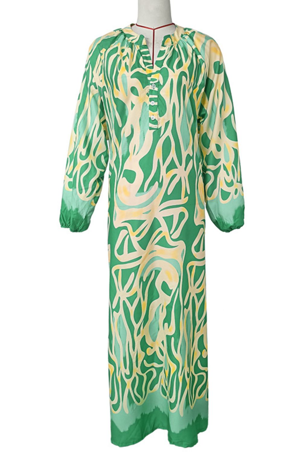 Abstract Print Buttoned Balloon Sleeve Dress  Dresses- Doll Fits