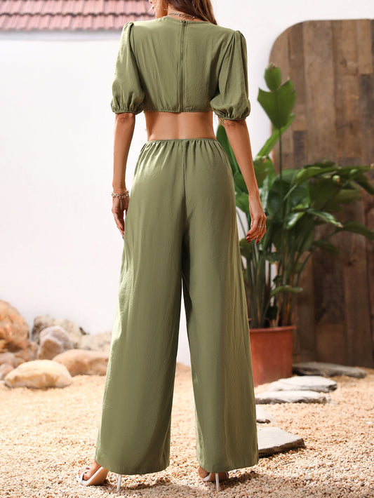 Cutout V-Neck Balloon Sleeve Jumpsuit  - Doll Fits