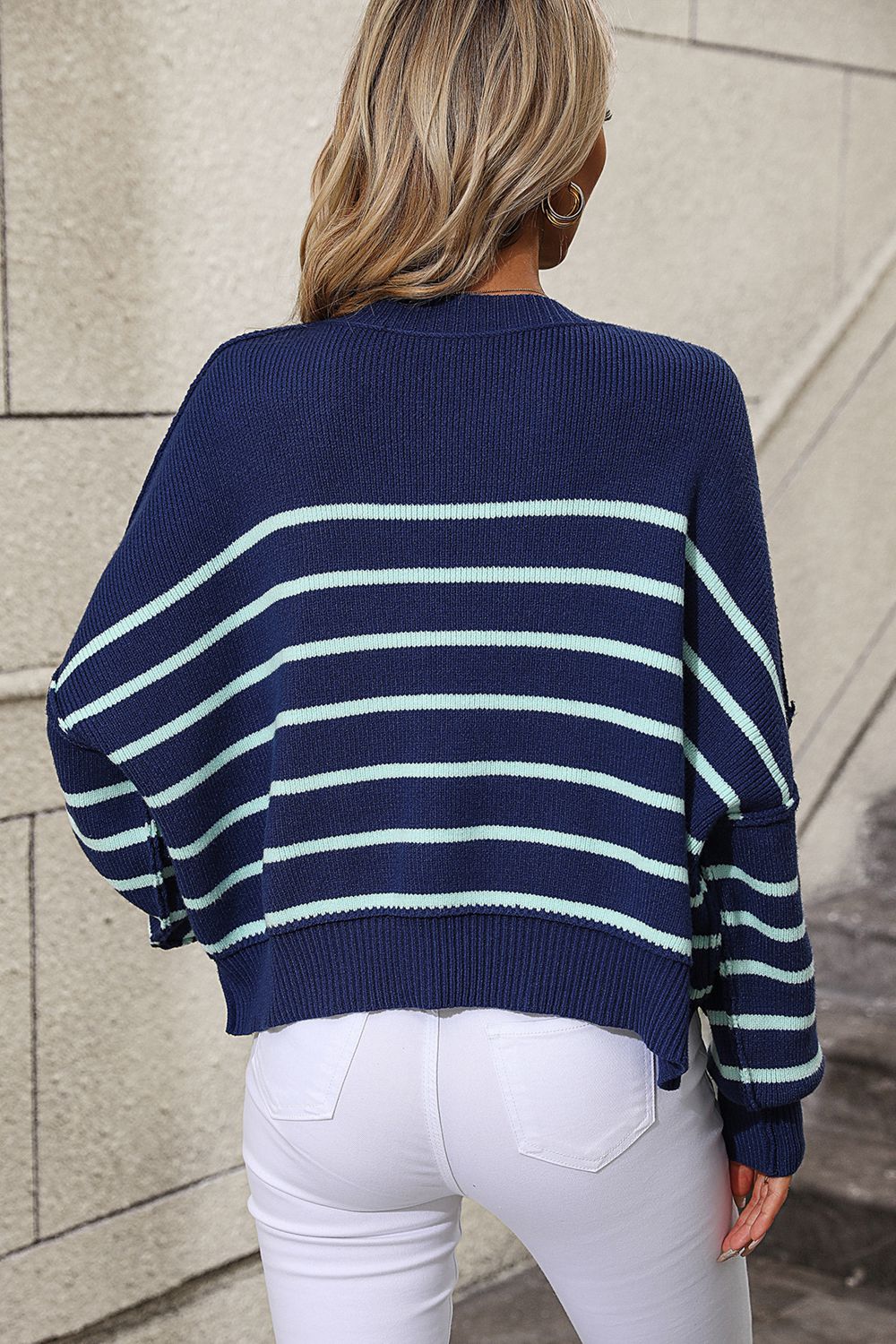 Striped Dropped Shoulder Round Neck Pullover Sweater  - Doll Fits