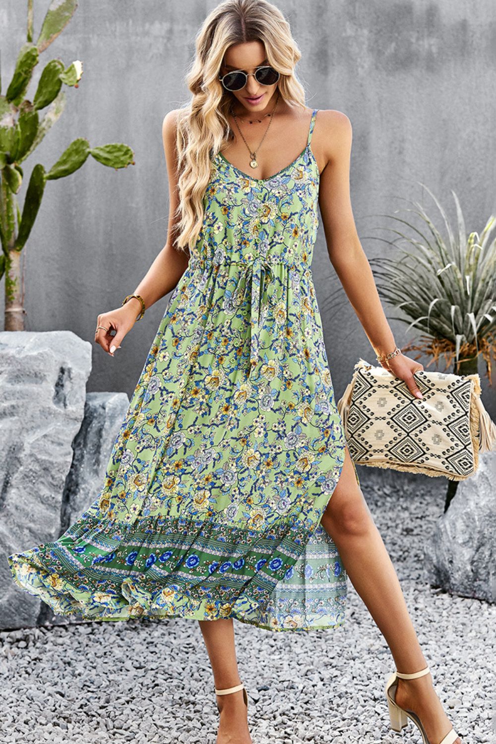Bohemian Spaghetti Strap Drawstring Slit Dress  Dresses- Doll Fits