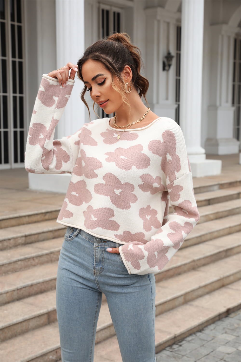 Round Neck Flower Pattern Dropped Shoulder Pullover Sweater  Shirts & Tops- Doll Fits