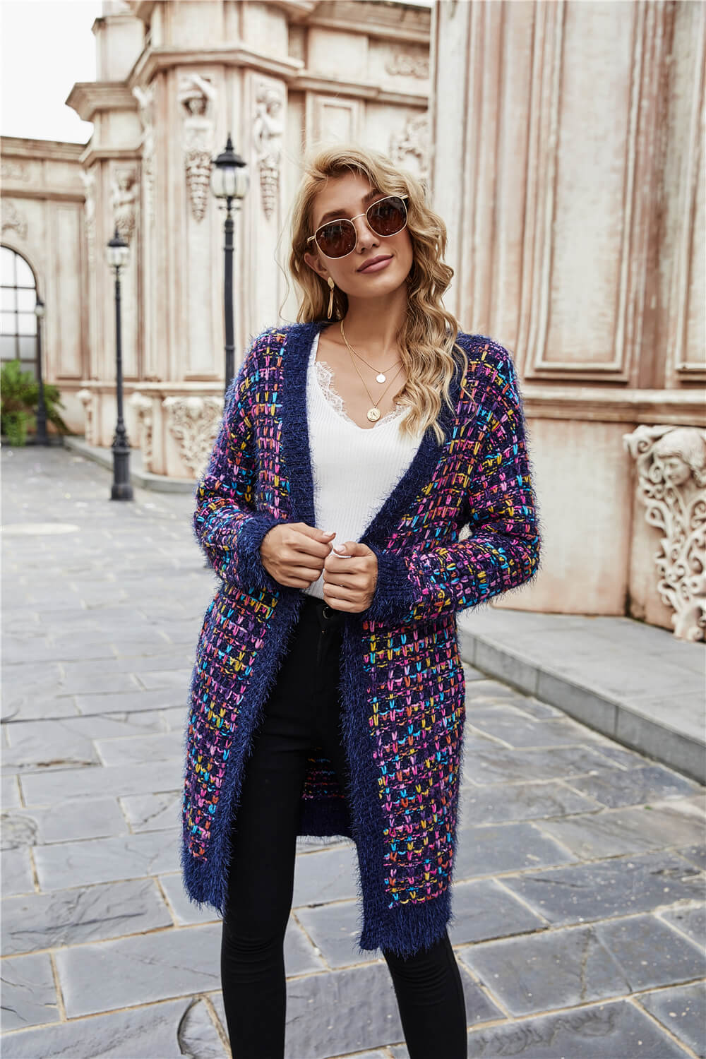 Multicolored Ribbed Trim Open Front Cardigan with Pockets  Coats & Jackets- Doll Fits