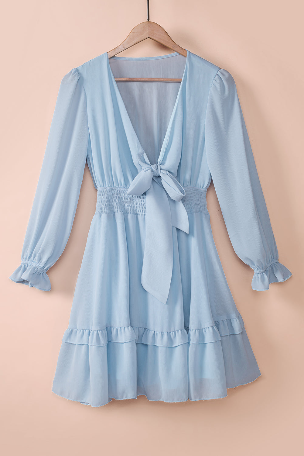 Tied Plunge Smocked Waist Flounce Sleeve Dress  Dresses- Doll Fits