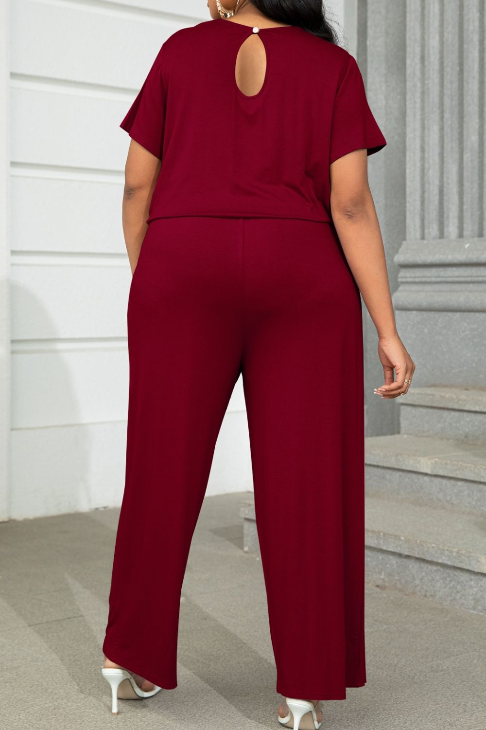 Plus Size Drawstring Waist Short Sleeve Jumpsuit  Jumpsuits & Rompers- Doll Fits