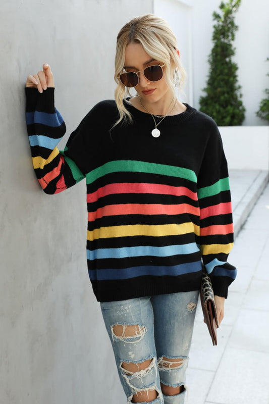 Rainbow Stripe Dropped Shoulder Sweater  Shirts & Tops- Doll Fits