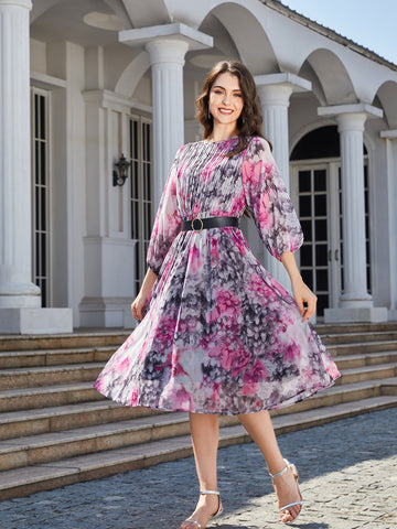Floral Print Round Neck Balloon Sleeve Midi Dress  Dresses- Doll Fits