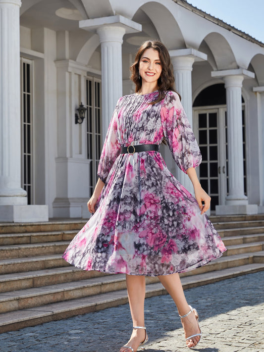 Floral Print Round Neck Balloon Sleeve Midi Dress  Dresses- Doll Fits