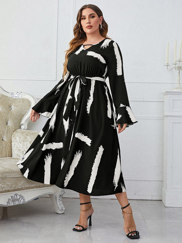Melo Apparel Plus Size Printed Tie Belt Flare Sleeve Round Neck Midi Dress  Dresses- Doll Fits